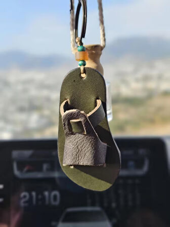 Hakiki Deri El Yapımı Sandalet Anahtarlık, Ayna Süsü, Çanta Süsü