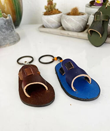 Hakiki Deri El Yapımı Sandalet Anahtarlık, Ayna Süsü, Çanta Süsü