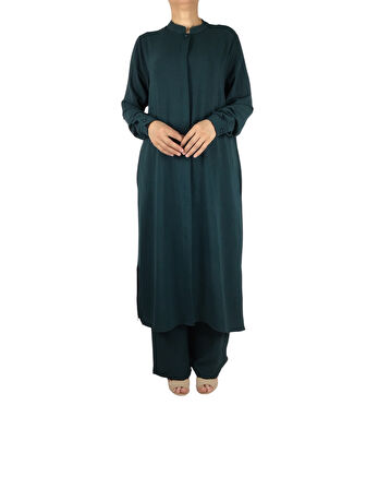 KADIN HAKİM YAKA TUNİK ÖNÜ GİZLİ DÜĞMELİ YANLARDAN GİZLİ CEPLİ PANTOLON BELİ LASTİKLİ PANTOLONLU TAKIM