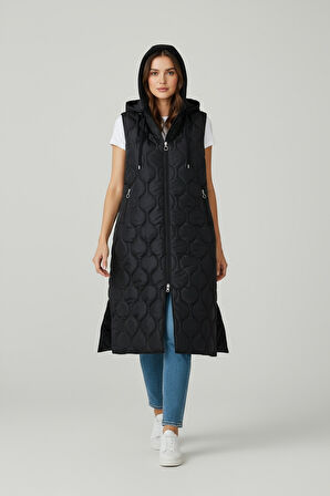 KADIN ÖNÜ FERMUARLI YANLARDAN CEPLİ KAPÜŞONLU KAPİTONE YELEK