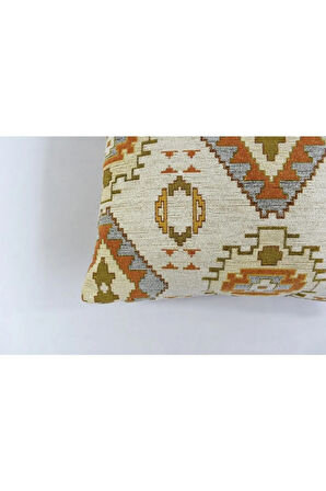 Kilim Desenli Dekoratif Yastık Kılıfı Çift Taraflı Şönil Dokuma Gizli Fermuarlı Etnik Kırlent Kılıfı