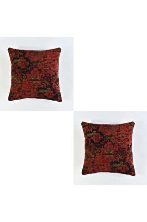 Kilim Desenli Dekoratif Yastık Kılıfı 2'li Çift Taraflı Şönil Dokuma Gizli Fermuarlı Kırlent Kılıfı