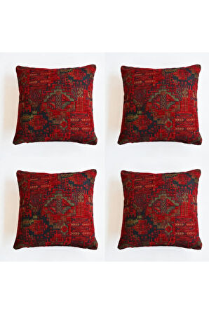 Kilim Desenli Dekoratif Yastık Kılıfı 4'lü Çift Taraflı Şönil Dokuma Gizli Fermuarlı Kırlent Kılıfı
