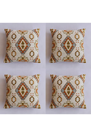 Kilim Desenli Dekoratif Yastık Kılıfı 4'lü Çift Taraflı Şönil Dokuma Gizli Fermuarlı Kırlent Kılıfı