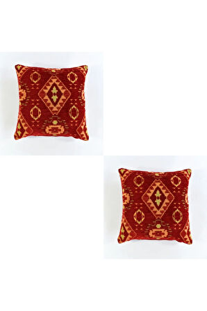 Kilim Desenli Dekoratif Yastık Kılıfı 2'li Çift Taraflı Şönil Dokuma Gizli Fermuarlı Kırlent Kılıfı