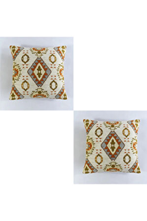 Kilim Desenli Dekoratif Yastık Kılıfı 2'li Çift Taraflı Şönil Dokuma Gizli Fermuarlı Kırlent Kılıfı