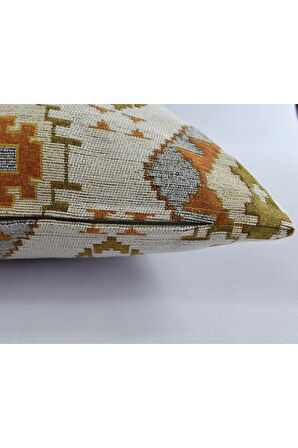 Kilim Desenli Dekoratif Yastık Kılıfı 2'li Çift Taraflı Şönil Dokuma Gizli Fermuarlı Kırlent Kılıfı