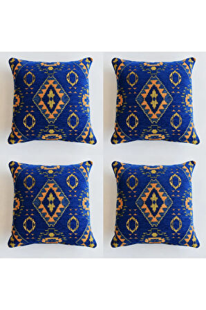 Kilim Desenli Dekoratif Yastık Kılıfı 4'lü Çift Taraflı Şönil Dokuma Gizli Fermuarlı Kırlent Kılıfı