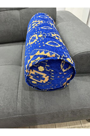 Kilim Desenli Mavidekoratif Silindir Şönil Dokuma Fermuarlı Etnik Bolster Yoga Yastık Kılıfı