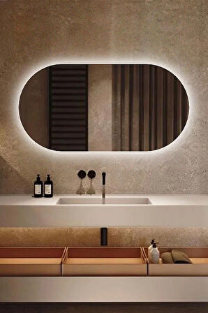 Fawdecor Led Işıklı Oval/Kapsül Model Dekoratif Duvar Aynası, Modern Eşsiz Ayna, Ayna Duvar Dekorasyon Ürünü 110 x 110 Cm Beyaz Işık