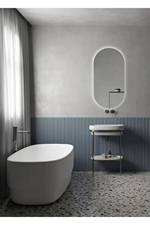 Fawdecor Led Işıklı Oval/Kapsül Model Dekoratif Duvar Aynası, Modern Eşsiz Ayna, Ayna Duvar Dekorasyon Ürünü 70 x 35 Cm Beyaz Işık