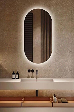 Fawdecor Led Işıklı Oval/Kapsül Model Dekoratif Duvar Aynası, Modern Eşsiz Ayna, Ayna Duvar Dekorasyon Ürünü 40 x 80 Cm Beyaz Işık
