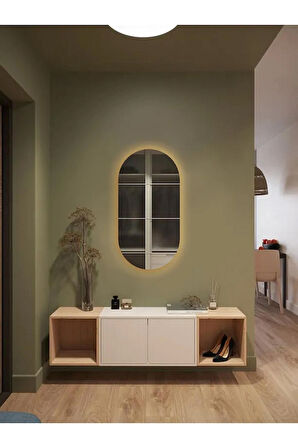 Fawdecor Led Işıklı Oval/Kapsül Model Dekoratif Duvar Aynası, Modern Eşsiz Ayna, Ayna Duvar Dekorasyon Ürünü 45 x 90 Cm Gün Işığı