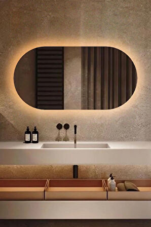 Fawdecor Led Işıklı Oval/Kapsül Model Dekoratif Duvar Aynası, Modern Eşsiz Ayna, Ayna Duvar Dekorasyon Ürünü 70 x 35 Cm Gün Işığı