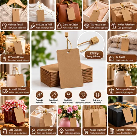 Ürün Etiketi 5x9 cm 100 Adet – Kraft Kilitli İpli Asma Fiyat ve Giyim Etiketi