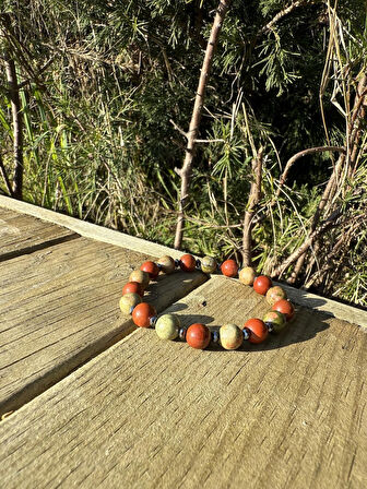 Kırmızı Jasper, Unakit, Hematit Bileklik - Owen Red Green Bileklik- Tasarım Bileklik 8 mm Esnek Ayarlanabilir 