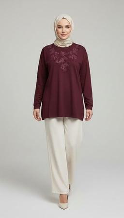 Ece Giyim Nergis Tesettür Bluz Bordo 5XL İşleme Detaylı