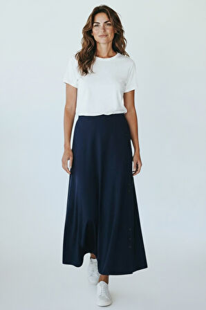 KADIN BELİ LASTİKLİ YANLARDAN DİVET DETAYLI KALIN KIŞLIK ETEK