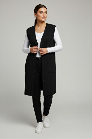 KADIN ÖNÜ 3 DÜĞMELİ ÜSTTEN CEPLİ UZUN YELEK