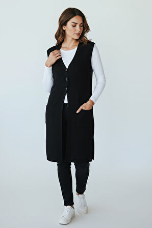 KADIN ÖNÜ 3 DÜĞMELİ ÜSTTEN CEPLİ UZUN YELEK