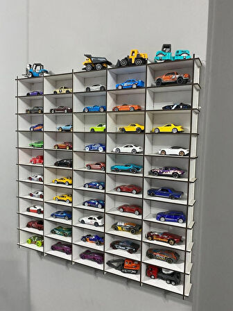 İKAN Ahşap Araba Rafı 50'li Beyaz Renk (Hotwheels ve Matcbox Arabaları Için Uygundur)