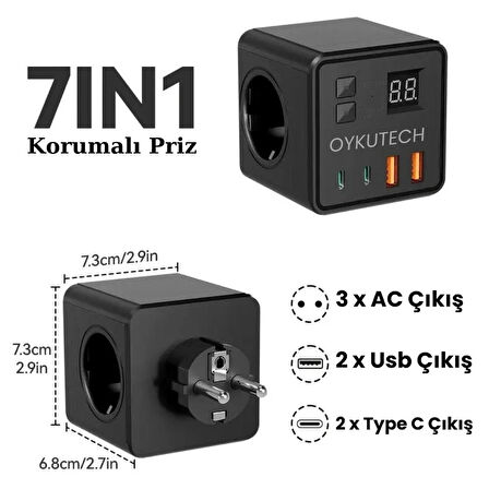 Oykutech Akım Korumalı Priz 3x AC 2x Usb 2x Type C Çıkış