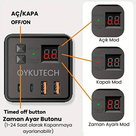 Oykutech Akım Korumalı Priz 3x AC 2x Usb 2x Type C Çıkış