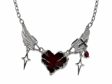 Kırmızı Kalp ve Melek Kanadı Detaylı Gotik Kolye – Alternatif Tarz Aksesuar