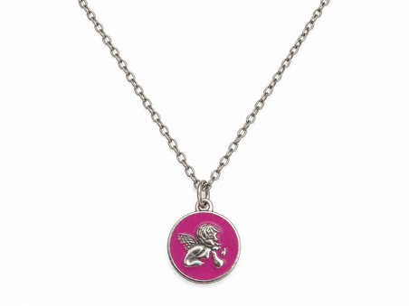 Pembe Melek Figürlü Gotik Kolye – Alternatif Tarz Yuvarlak Madalyon Kolye