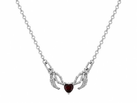 Gotik İskelet El ve Kırmızı Kalp Figürlü Kolye – Karanlık Stil Takı Aksesuarı