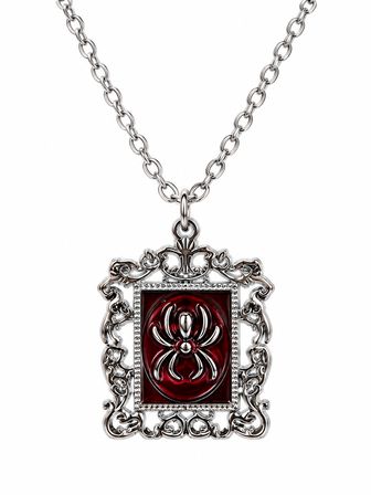 Gümüş Renk Örümcek Figürlü Kırmızı Detaylı Gotik Metal Kolye