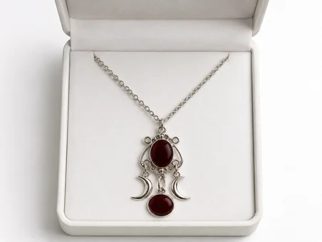 Bordo Detaylı Çift Hilal Figürlü Gotik Kolye – Mistik Vintage Tarz Kolye