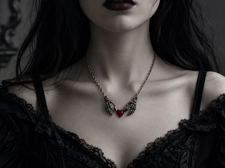 Kırmızı Kalp Detaylı İskelet El Figürlü Gotik Kolye – Çift El Tasarım