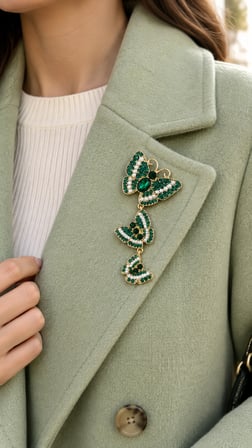 Zümrüt Yeşili Üçlü Kelebek Broş – İnci Görünümlü Detaylı Gold Renk Aksesuar