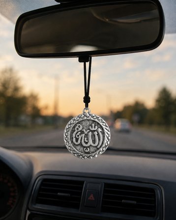 Allah Lafzı Motifli Dikiz Aynası Araba Süsü – İpli Metal Araç İçi Dekoratif Aksesuar