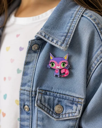 Mor Pembe Sevimli Kedi Figürlü Metal Rozet Çanta Kıyafet Aksesuarı Hediye