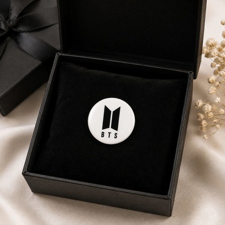 BTS Logo Baskılı Beyaz Siyah Rozet – K-Pop Hayranlarına Özel Şık Aksesuar