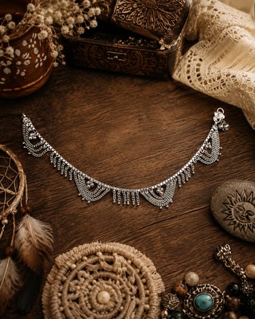 Lunessa Gümüş Renk Otantik Zincir Detaylı Sallantılı Kadın Halhalı