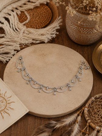 Liora Gümüş Renk Çok Katmanlı Zincir ve Sallantılı Boncuk Detaylı Halhal