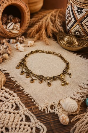 Bohem Kalp Figürlü Zincir Halhal – Vintage Altın Renk Sallantılı Halhal