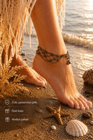 Bohem Antik Bronz Katmanlı Zincir Halhal – Etnik Vintage Tasarım Kadın Halhal 