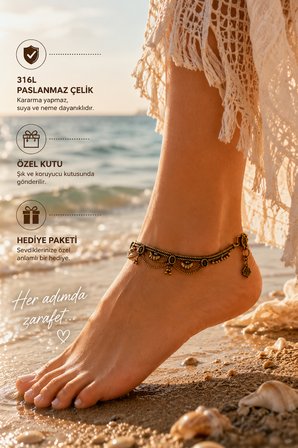 Vintage Zincir Detaylı Kadın Halhal – Antik Gold Etnik Ayak Bilekliği 