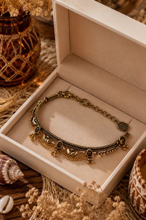 Vintage Zincir Detaylı Kadın Halhal – Antik Gold Etnik Ayak Bilekliği 