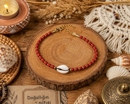 Kırmızı Doğal Taş ve Deniz Kabuğu Detaylı Ayarlanabilir Bohem Halhal–Kadın Halhal