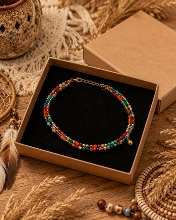 Renkli Boncuklu Çift Sıra Halhal – Bohem Tarz Ayarlanabilir Kadın Halhalı 
