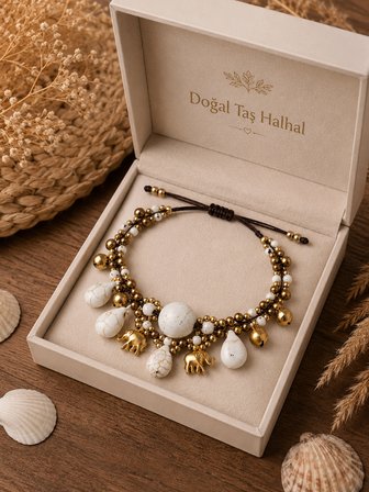 Bohem Fil Figürlü Doğal Taş Detaylı El Yapımı Halhal – Ayarlanabilir İpli Halhal