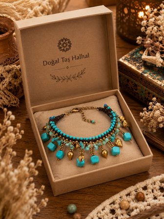 Bohem Turkuaz Doğal Taş Boncuklu Halhal–Etnik Yazlık Kadın Ayak Bileklik