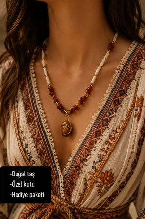 Doğal Taş Güneş Taşı Bohem Tasarım El Yapımı Kadın Kolyesi