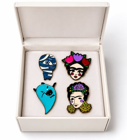 Frida Kahlo & Sevimli Karakter Temalı 4'lü Metal Rozet Seti