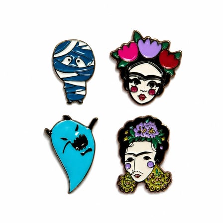 Frida Kahlo & Sevimli Karakter Temalı 4'lü Metal Rozet Seti
